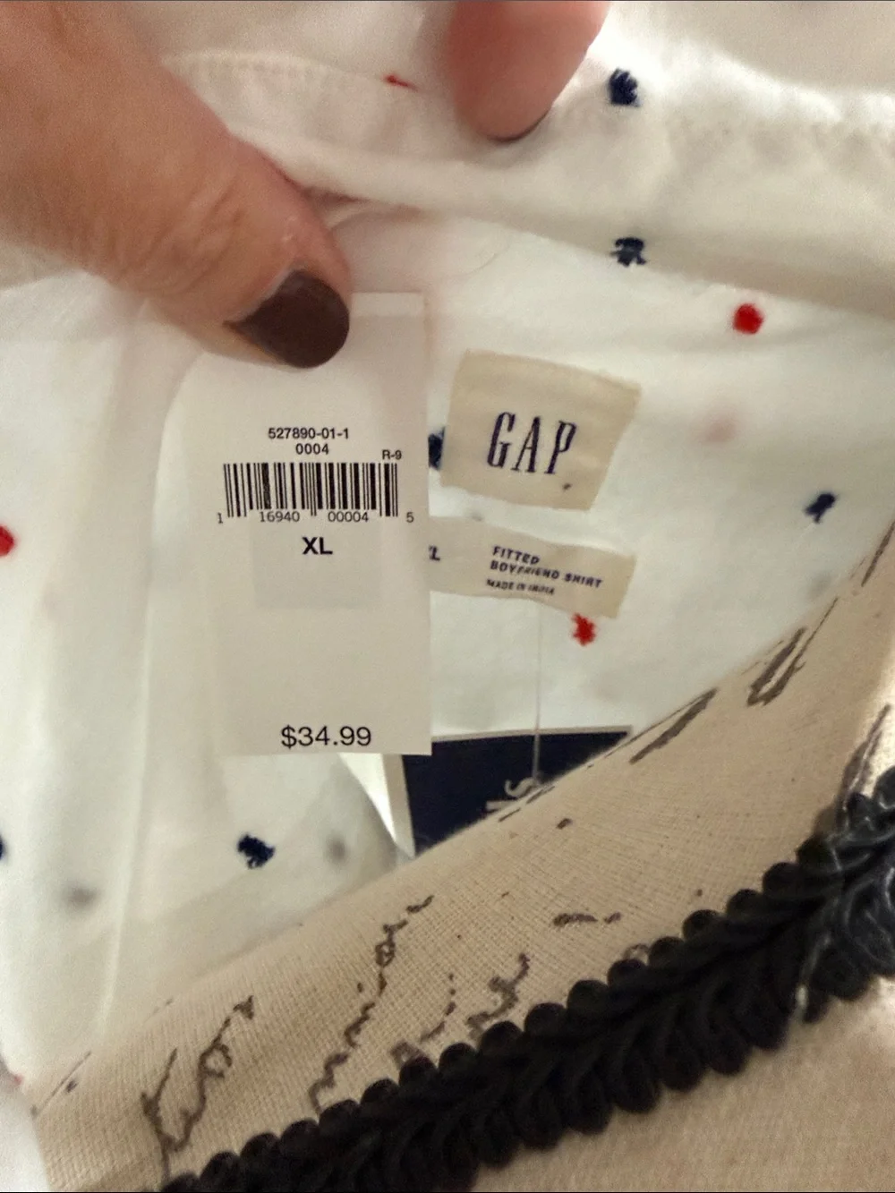 GAP White Button-Down Shirt with Red & Navy Micro Dots